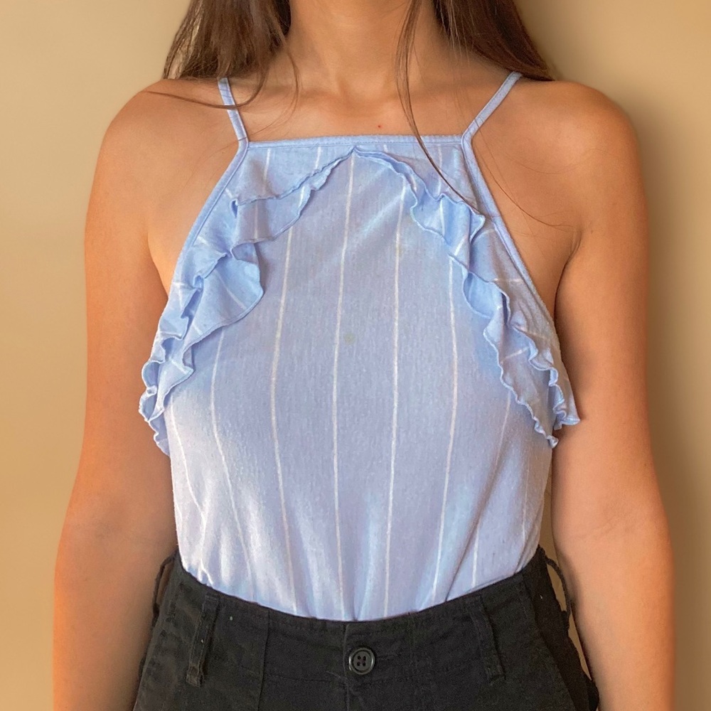 Blue halter top with thin white stripes